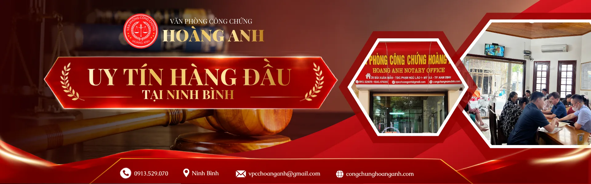 Văn phòng công chứng Hoàng Anh — uy tín hàng đầu tại Ninh Bình. Ảnh trụ sở văn phòng và cán bộ đang tiếp khách
